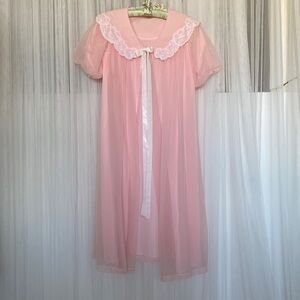 Vintage 60’s Elegant Pink Lace Trim Babydoll Chiffon by Louis Jean Model Size S